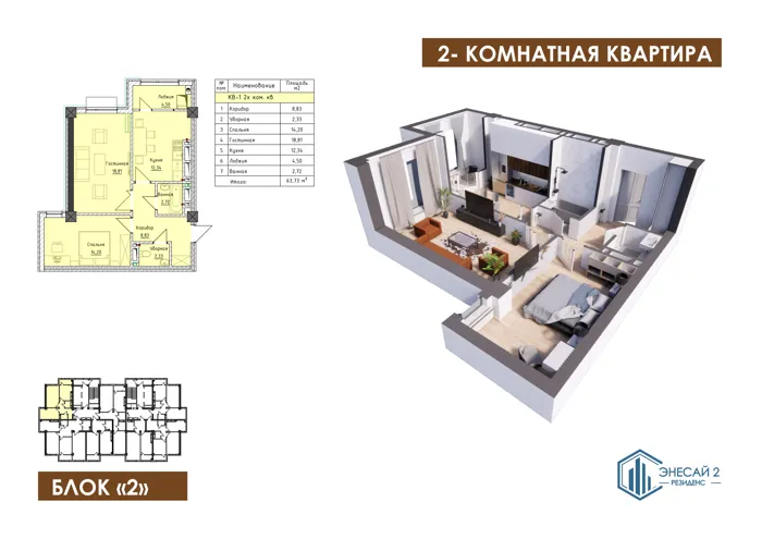 2-комнатная, 63,73 м² — план и 3D-визуализация