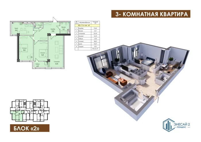 3-комнатная, 101,45 м² — план и 3D-визуализация