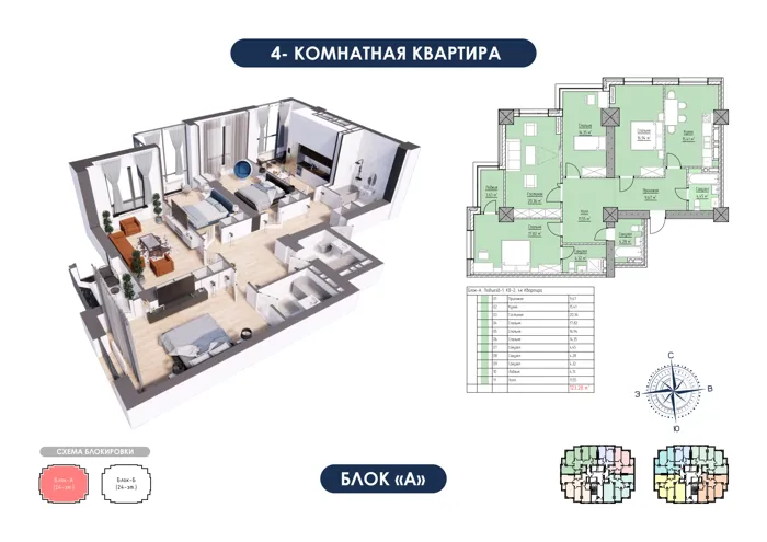4-комнатная, 123,28 м² — план и 3D-визуализация
