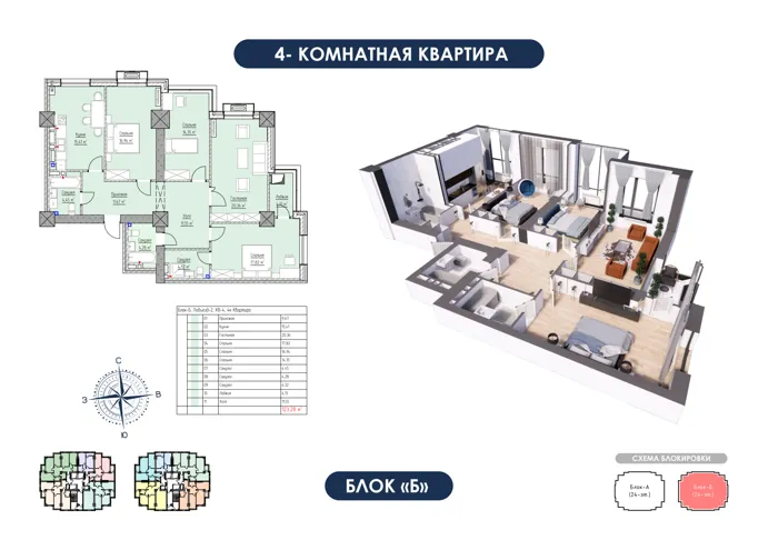 4-комнатная, 123,28 м² — план и 3D-визуализация