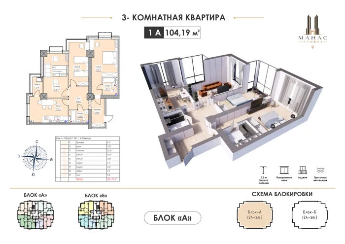 3-комнатная, 104,19 м² — план и 3D-визуализация
