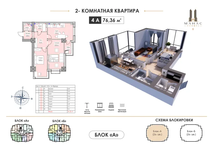 2-комнатная, 76,36 м² — план и 3D-визуализация