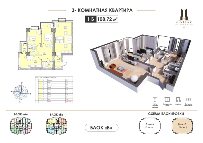 3-комнатная, 108,72 м² — план и 3D-визуализация