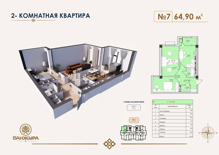 2-комнатная, 64,9 м² — план и 3D-визуализация